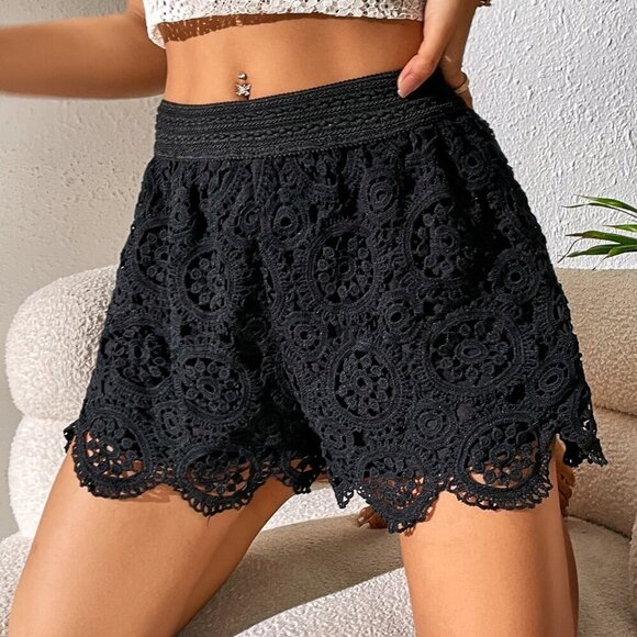 Pants - Black Elegant Women's Guipure Lace Overlay Shorts